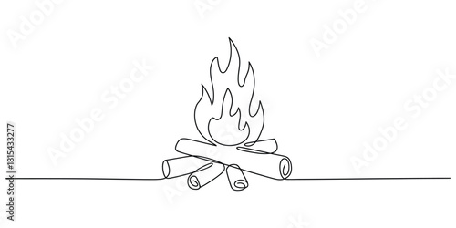 Continuous line art drawing of a campfire with burning logs