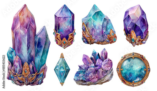 Fototapeta Naklejka Na Ścianę i Meble -  Stunning 3D Fantasy Crystal Collection in Vibrant Colors for Enchanted Worlds