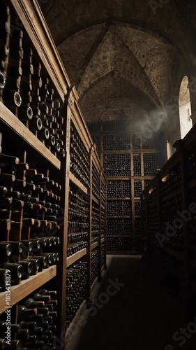 Dimly Lit Ancient Wine Cellar with Tall Wooden Racks Storing Thousands of Bottles