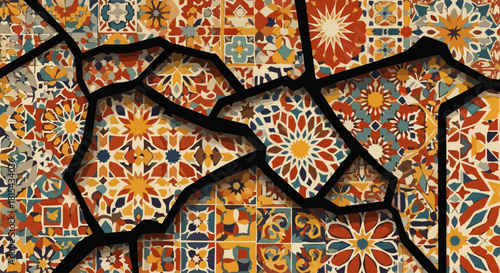 Geometric abstract design featuring a repeating pattern of intricate shapes in red and blue against a white background, creating a modern aesthetic.