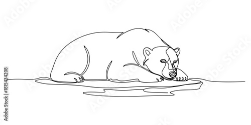 Continuous one line of polar bear resting on ice, symbolizing winter arctic life, hand drawn vector illustration.