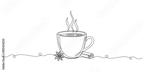 Continuous one line of steaming cup of winter spice tea, symbolizing the warmth of the season, hand drawn vector illustration.