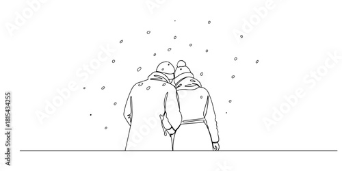 Continuous one line of a couple in love under the falling snow, showing warmth in the winter weather, hand drawn vector illustration.