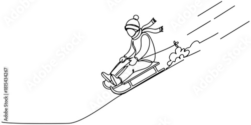 Continuous one line of people sledding down the hill, expressing the joy of winter, hand drawn vector illustration.
