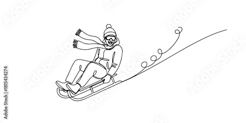 Continuous one line of people sledding down the hill, expressing the joy of winter, hand drawn vector illustration.
