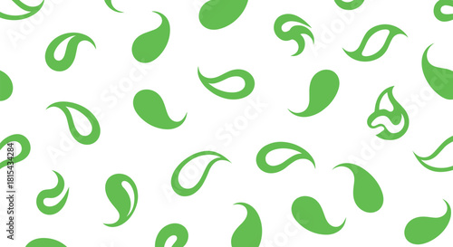 Simple and modern seamless pattern of vibrant green paisley shapes scattered across a clean white background for a fresh design.