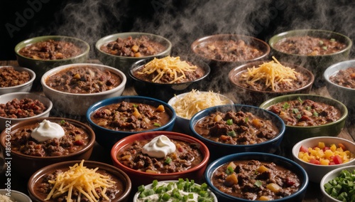 A chili cook-off with a variety of recipes and toppings