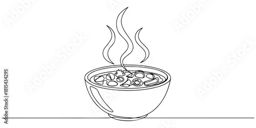 Continuous one line of a steaming bowl of winter soup, symbolizing comfort food, hand drawn vector illustration.