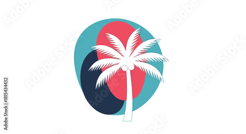 Retro-style graphic of a white palm tree silhouette against a colorful circular sunset, evoking a summer, tropical, or vacation vibe.