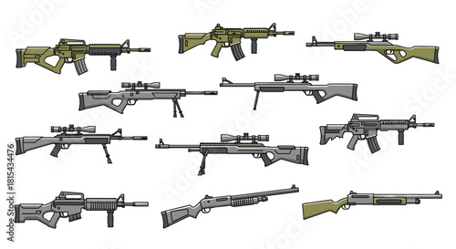 A detailed set of various firearms, including assault rifles, sniper rifles, and shotguns, illustrated in a cartoon line art style.