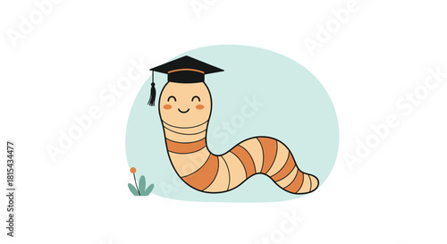 Cute cartoon bookworm wearing a graduation cap, a charming character representing learning, knowledge, and educational achievement.