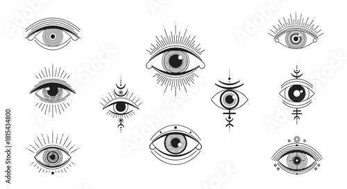 A mystical set of all-seeing eye icons in a black and white engraving style, symbolizing spirituality, magic, and esoteric wisdom.