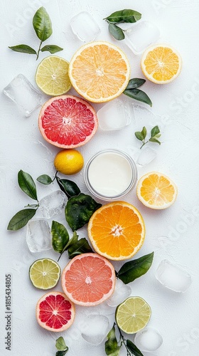 A vibrant arrangement of sliced citrus fruits like oranges, grapefruits, and limes, interspersed with ice cubes and green leaves, centered around a small glass