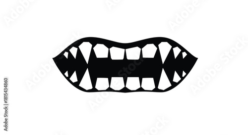 A sharp, black silhouette of vampire fangs and teeth in an open mouth, a scary and iconic symbol for Halloween or horror.