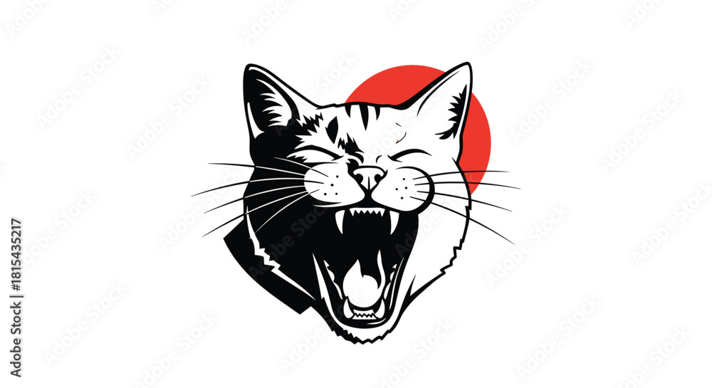 Obraz premium A powerful black and white graphic of a yawning or roaring cat with a red circle in the background, inspired by Japanese art.