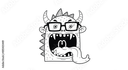 A quirky and fun hand-drawn illustration of a geeky monster with glasses, horns, and a long tongue sticking out.