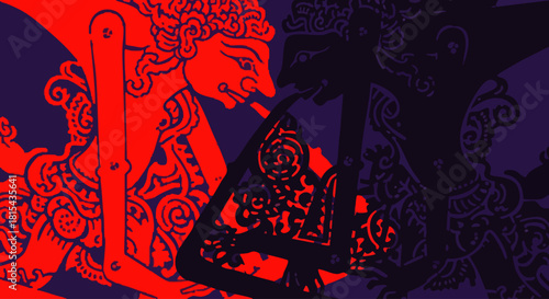 A vibrant illustration showcases traditional Indonesian shadow puppets, with detailed figures and rich colors against a contrasting background.