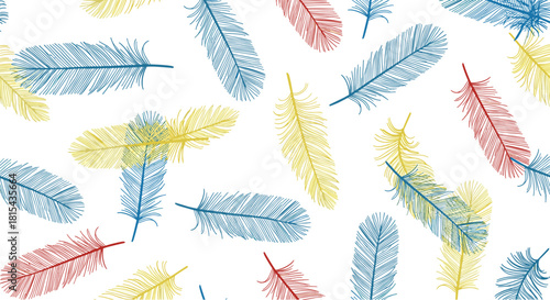A vibrant and playful seamless pattern of colorful feathers in red, yellow, and blue, scattered on a clean white background.