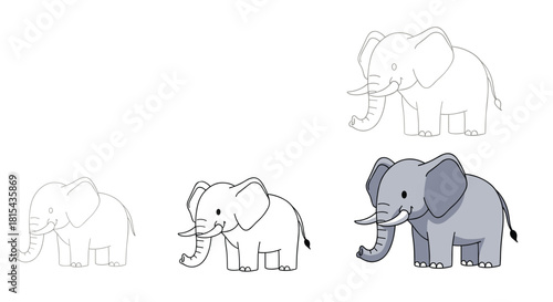 A step-by-step tutorial showing how to draw a cute elephant, from a simple dotted outline to a fully colored cartoon character.
