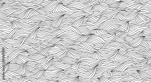 An intricate and seamless black and white pattern of hand-drawn wavy lines, creating a dense and abstract texture like hair or waves.