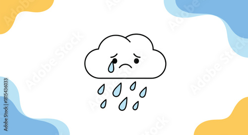 A cute and sad cartoon cloud crying raindrops, with a colorful abstract border, illustrating feelings of sadness or bad weather.
