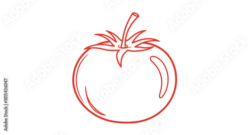 A simple and clean single-line art illustration of a ripe tomato, drawn in a continuous red outline on a white background.