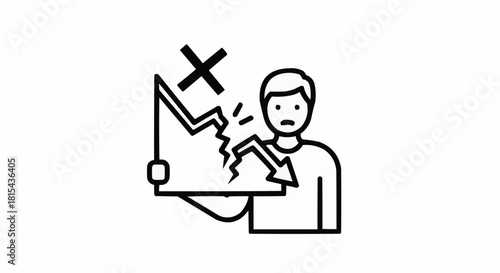 Man holding broken graph with cross symbol indicating failure.