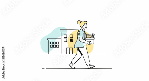 Woman Walking with Box in Front of Building.