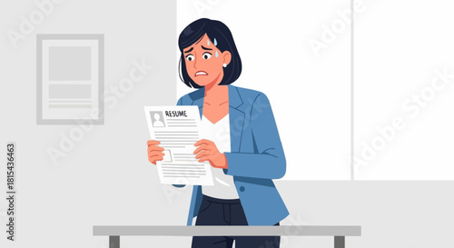 Worried Woman Holding Resume in Office Setting.