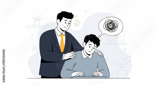 Man comforting a sad colleague, offering support and understanding.