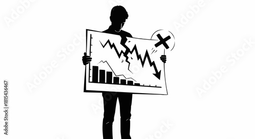 Silhouette of a person holding a chart showing a downward trend and a cross mark.