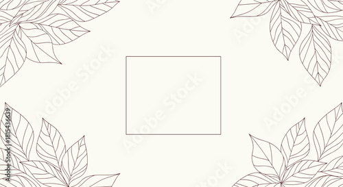 An elegant and minimalist background with hand-drawn leaf branches in the corners and a clean square frame in the center.