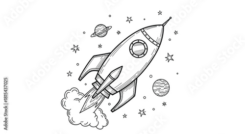 A classic hand-drawn sketch of a rocket ship flying through space with planets and stars, evoking a sense of adventure and discovery.