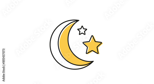 A simple and cute icon of a crescent moon and stars, drawn in a clean outline style with a yellow color accent.