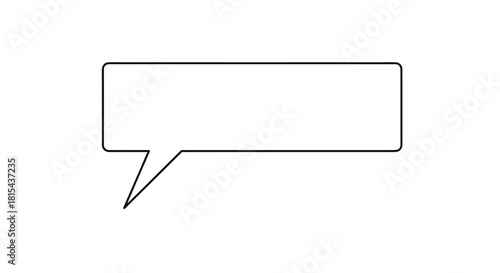 Minimalist black outline of a rectangular speech bubble with a sharp pointer on the bottom left, isolated on a white background.