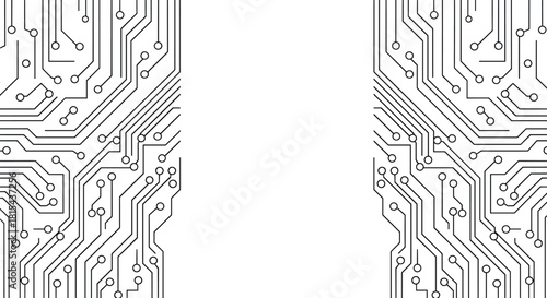 Symmetrical black and white circuit board pattern on the left and right sides with a clean central copy space for text.