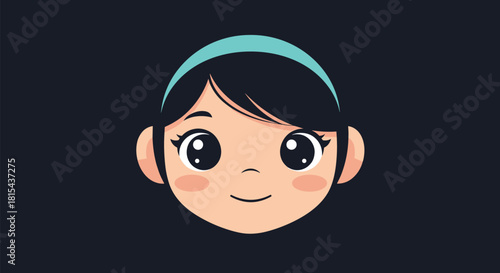 Vector illustration of a cute cartoon girl's face with large expressive eyes, a gentle smile, and a teal headband on a dark background.
