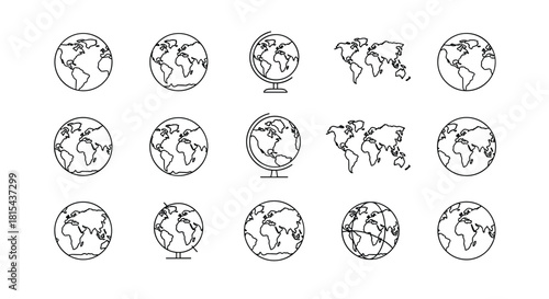 Collection of fifteen dotted line art icons showing the planet Earth as globes and world maps, isolated on a white background.