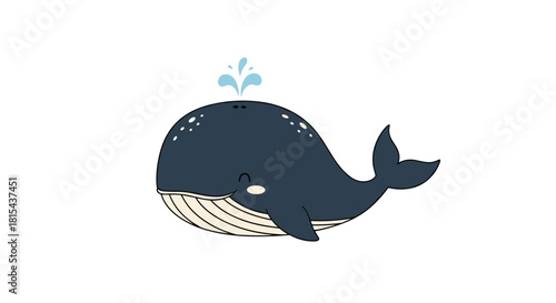 Adorable and friendly cartoon blue whale smiling with rosy cheeks and spouting water from its blowhole on a white background.