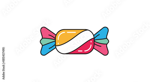Colorful cartoon illustration of a single wrapped sweet candy with a striped pattern and twisted ends, isolated on white.