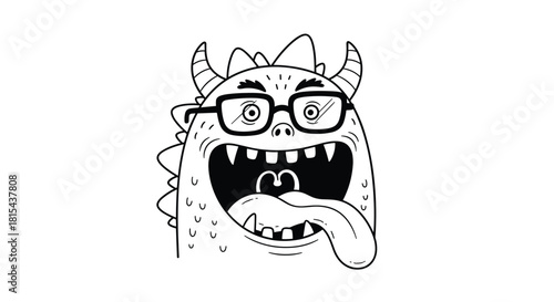 Quirky black and white line drawing of a silly monster with horns and glasses, roaring with its tongue sticking out.