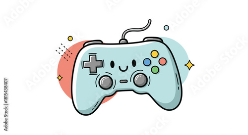 Adorable kawaii-style cartoon video game controller with a smiling face, colorful buttons, and decorative abstract background elements.