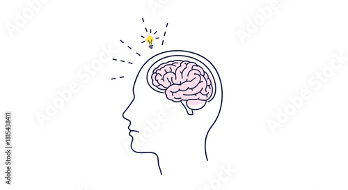 Conceptual line art illustration of a human head in profile with a visible brain, showing a glowing light bulb for an idea.