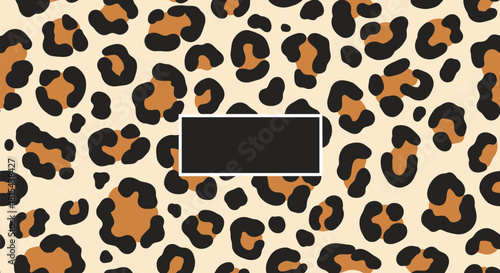 Stylish and trendy leopard print background pattern with a central black rectangular frame providing clear copy space for text.