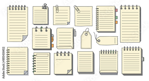 Large collection of various hand-drawn notepads, spiral notebooks, memo sheets, and tags, all lined and ready for text.