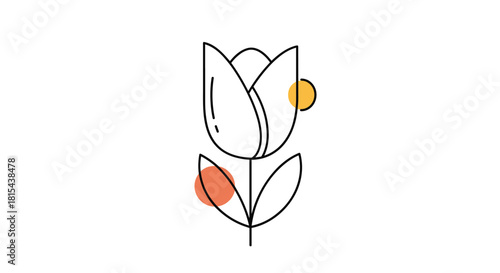 Elegant and minimalist line art of a tulip flower, complemented by abstract orange and yellow circles for a modern botanical design.