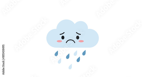 Cute and sad cartoon cloud character with a frowning face and blushing cheeks, crying and raining blue teardrops from below.