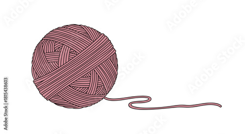 Realistic hand-drawn illustration of a tightly wound pink ball of yarn with a single thread trailing off to the side.