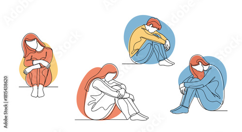 Continuous line art illustrations of four sad and lonely individuals sitting huddled, with abstract color shapes symbolizing emotion.