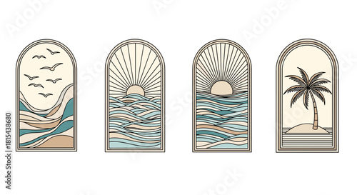 Set of four boho-style arched frames with minimalist line art beach scenes, including ocean waves, sunsets, and a palm tree.